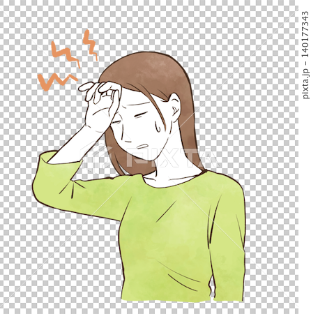 一位年輕女子因頭痛而用手摀住額頭——水彩風格的手繪插圖。 140177343