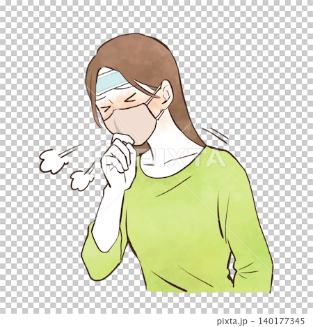 一幅手繪水彩風格的插圖,描繪了一位患有傳染病的年輕女子,她發燒咳嗽。 一幅手繪水彩風格的插圖,描繪了一位患有傳染病的年輕女子,她發燒咳嗽。 140177345