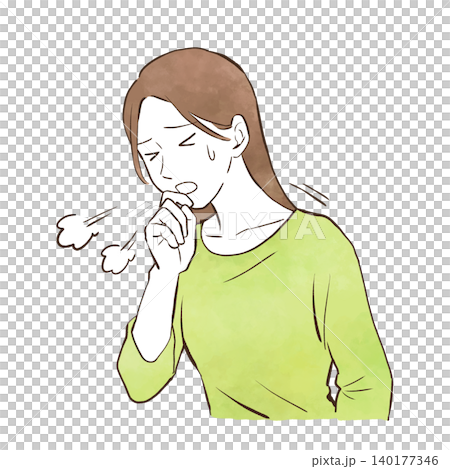 一幅手繪水彩風格的插圖,描繪了一位咳嗽的年輕女子。 一幅手繪水彩風格的插圖,描繪了一位咳嗽的年輕女子。 140177346