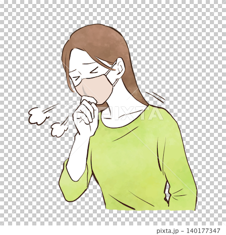 一幅手繪水彩風格插圖,描繪了一位戴著口罩咳嗽的年輕女子。 一幅手繪水彩風格插圖,描繪了一位戴著口罩咳嗽的年輕女子。 140177347