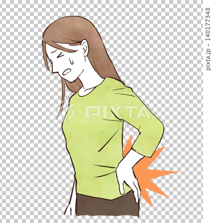 腰の強い痛みに悩む若い女性　水彩風の手描きイラスト素材 140177348