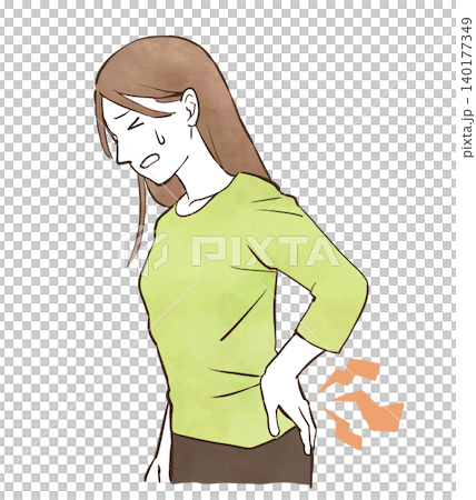 A hand-drawn watercolor-style illustration of a young woman suffering from lower back pain. A hand-drawn watercolor-style illustration of a young woman suffering from lower back pain. 140177349