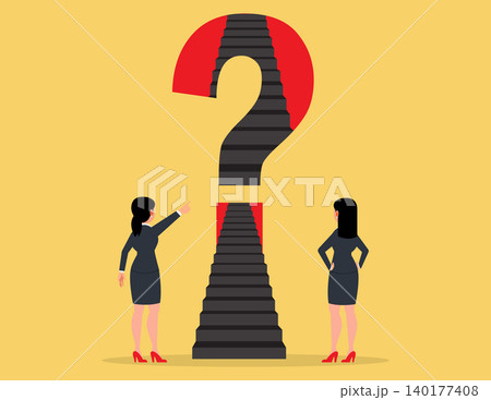 Business strategy concept. Two businesswomen standing with question mark discussed the strategy future path. Business strategy concept. Two businesswomen standing with question mark discussed the strategy future path. 140177408