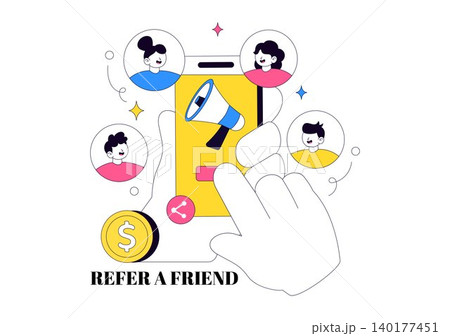 Refer a Friend Illustration Featuring Referral Marketing Campaign, Customer Rewards Program, Social Sharing, Bonus Incentives, and User Engagement Refer a Friend Illustration Featuring Referral Marketing Campaign, Customer Rewards Program, Social Sharing, Bonus Incentives, and User Engagement 140177451