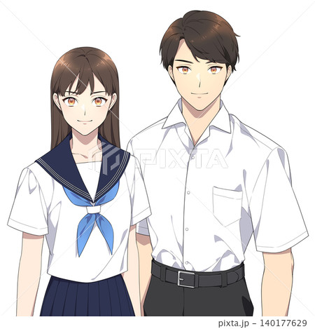 強い眼差しで正面を見つめる学生のイラスト（夏服） 140177629