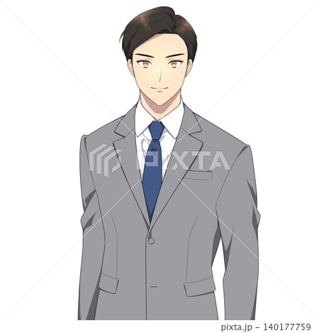 強い眼差しで正面を見つめる社会人男性のイラスト（グレーのスーツ） 140177759