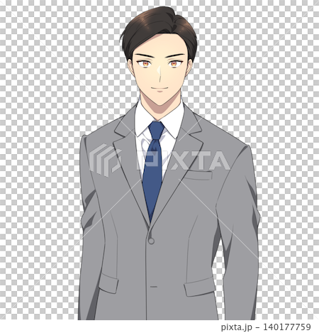 強い眼差しで正面を見つめる社会人男性のイラスト（グレーのスーツ） 140177759