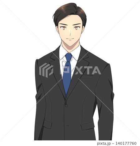 強い眼差しで正面を見つめる社会人男性のイラスト(黒のスーツ) 強い眼差しで正面を見つめる社会人男性のイラスト(黒のスーツ) 140177760