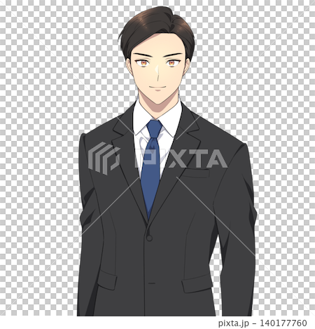 強い眼差しで正面を見つめる社会人男性のイラスト(黒のスーツ) 強い眼差しで正面を見つめる社会人男性のイラスト(黒のスーツ) 140177760