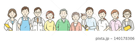 高齢者夫婦と家族と医師と看護師と介護士とケアマネージャーと栄養士が集合した上半身イラスト 140178306