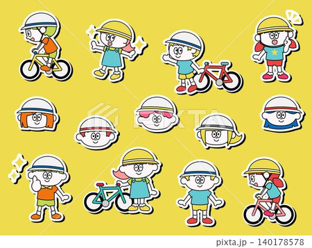 ヘルメットをかぶった子どもと自転車のイラスト(フチあり) ヘルメットをかぶった子どもと自転車のイラスト(フチあり) 140178578