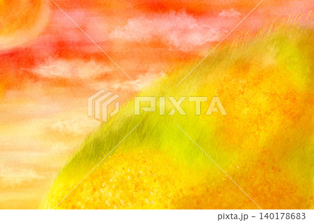 夕方の山と花畑の手描き風景 夕方の山と花畑の手描き風景 140178683