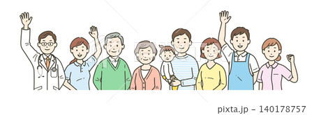 高齢者夫婦と家族と医師と看護師と介護士とケアマネージャーが集合して手を振る上半身イラスト 140178757