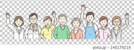 高齢者夫婦と社会福祉を支える医師と看護師と介護士とケアマネージャーと栄養士が集合した上半身イラスト 高齢者夫婦と社会福祉を支える医師と看護師と介護士とケアマネージャーと栄養士が集合した上半身イラスト 140179219