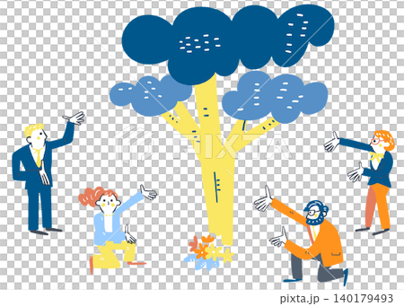 A business scene where a single tree is carefully nurtured towards a common goal, aiming for vibrant and sustainable growth. A business scene where a single tree is carefully nurtured towards a common goal, aiming for vibrant and sustainable growth. 140179493