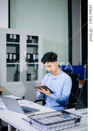 Confident business expert attractive smiling young man typing laptop and holding digital tablet Confident business expert attractive smiling young man typing laptop and holding digital tablet 140179687