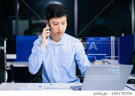 Project manager working and update tasks with milestones progress planning and Gantt chart scheduling diagram.business tram working at office 140179709