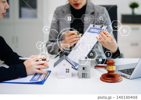 Modern digital real estate contract with agent, property model, legal consultation, smart agreement icons, and technology 140180408