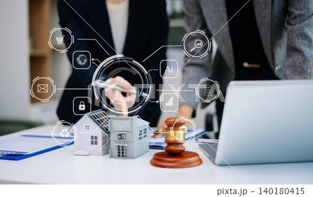 Modern digital real estate contract with agent, property model, legal consultation, smart agreement icons, and technology Modern digital real estate contract with agent, property model, legal consultation, smart agreement icons, and technology 140180415
