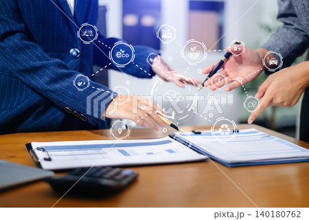 business team people planning and discussing on recycle reduce reuse policy symbol in office meeting room. Green business company 140180762