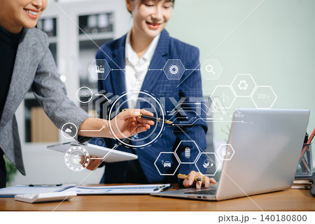 business team people planning and discussing on recycle reduce reuse policy symbol in office meeting room. Green business company 140180800