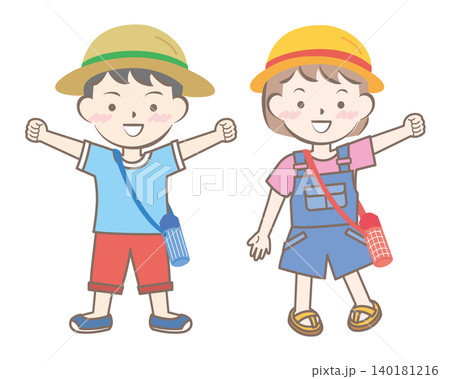 熱中症対策をしてお出掛けする子供たち 夏休み 熱中症対策をしてお出掛けする子供たち 夏休み 140181216