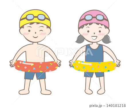 水着を着て浮き輪を持っている子供たち　スイミング 140181218