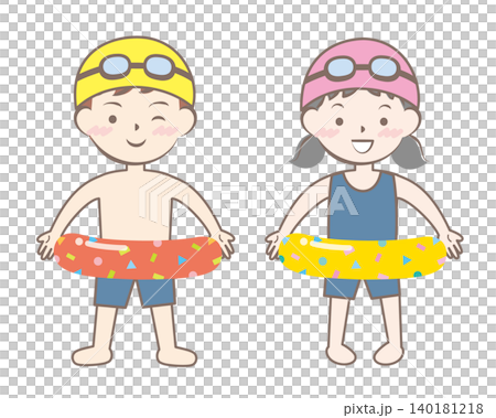 水着を着て浮き輪を持っている子供たち　スイミング 140181218