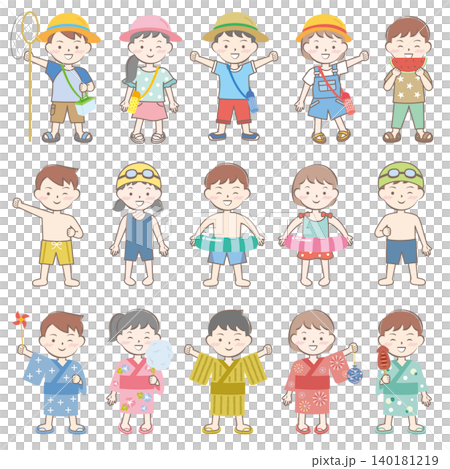 夏休みの子供たち 浴衣 プール 昆虫採集 夏休みの子供たち 浴衣 プール 昆虫採集 140181219