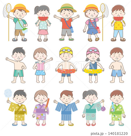 夏休みの子供たち 浴衣 プール 昆虫採集 夏休みの子供たち 浴衣 プール 昆虫採集 140181220