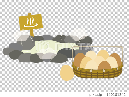 An illustration of a rock bath with a hot spring sign and hot spring eggs in a basket. An illustration of a rock bath with a hot spring sign and hot spring eggs in a basket. 140181242