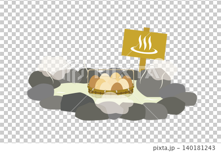 An illustration of a hot spring egg being prepared in a rock bath with a hot spring sign. An illustration of a hot spring egg being prepared in a rock bath with a hot spring sign. 140181243