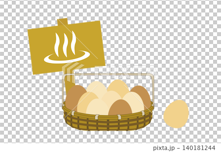 An illustration of a wooden sign with a hot spring symbol and hot spring eggs in a basket. An illustration of a wooden sign with a hot spring symbol and hot spring eggs in a basket. 140181244