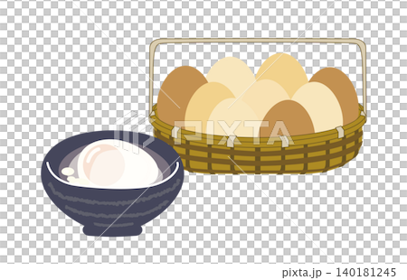 An illustration of Japanese food featuring soft-boiled eggs in a basket and soft-boiled eggs served in a bowl. An illustration of Japanese food featuring soft-boiled eggs in a basket and soft-boiled eggs served in a bowl. 140181245