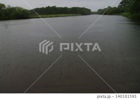 夏の北海道の釧路湿原はあいにくの雨で霞んで見えます。釧路川は淡々と流れています。 夏の北海道の釧路湿原はあいにくの雨で霞んで見えます。釧路川は淡々と流れています。 140181593