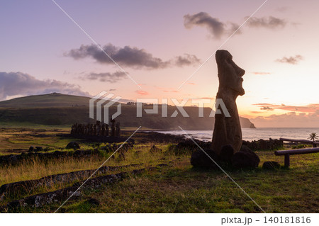 Majestic moai statue stands under peaceful sunset on easter island chile 140181816