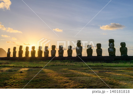 Serene majestic moai statue on easter island chile during sunset 140181818