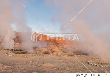 Awe inspiring Sol de Manana geyser steam in volcanic landscape Awe inspiring Sol de Manana geyser steam in volcanic landscape 140181853