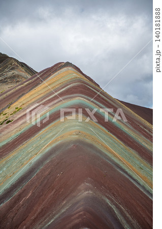 Majestic vinicunca mountain peak slope with stunning colorful striped geological nature Majestic vinicunca mountain peak slope with stunning colorful striped geological nature 140181888