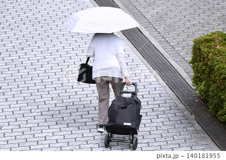 日本の横浜都市景観日傘を差し、荷物が入ったカートを引く高齢女性…段差…＝横浜市内で 140181955