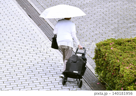 日本の横浜都市景観日傘を差し、カートを引く高齢女性…段差…=横浜市内で 日本の横浜都市景観日傘を差し、カートを引く高齢女性…段差…=横浜市内で 140181956