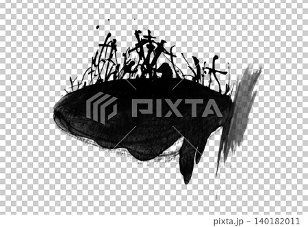 紙に水墨で描いた、戦争の混沌を想起させる墨の塊と鋭い線のモノクロイラスト素材 140182011