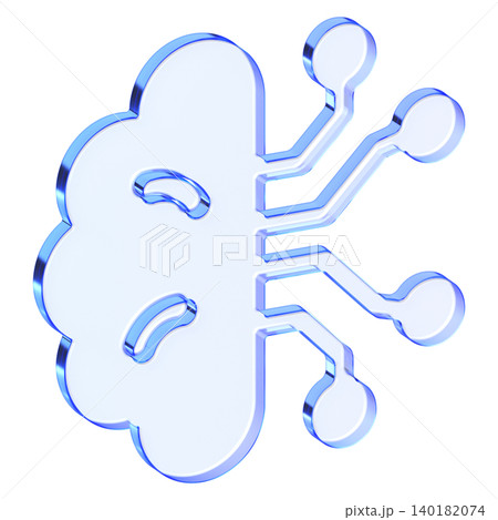 Blue glassmorphism brain icon with neural node connections for artificial intelligence, Translucent deep learning symbol with glossy gradient for advanced science and tech interfaces 140182074