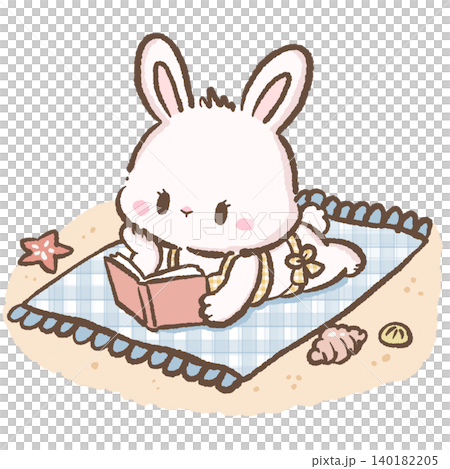 Adorable Kawaii Summer Beach Bunny Reading Pink Novel On Blue Plaid Picnic Blanket With Seashells And Sandy Shore Clipart Illustration 140182205