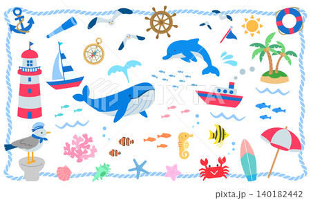 夏の海のイラスト素材セット マリンテイスト 白背景 夏の海のイラスト素材セット マリンテイスト 白背景 140182442