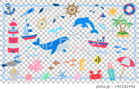 夏の海のイラスト素材セット マリンテイスト 白背景 夏の海のイラスト素材セット マリンテイスト 白背景 140182442