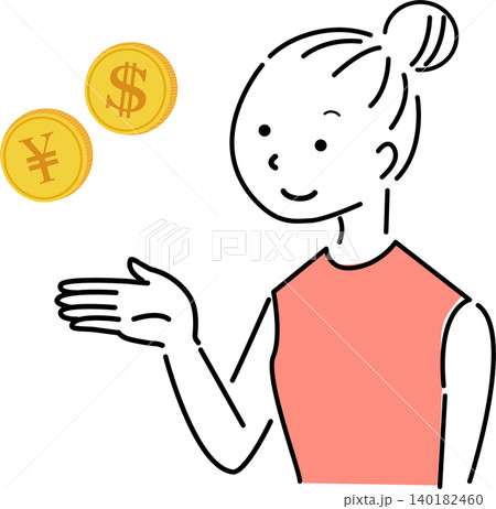 ポイントを説明する若い女性のイラスト素材:（為替・副業・ドル・円・比べる・ビジネス・ベクター） 140182460