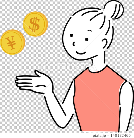 一位年輕女子講解重點的插圖:(匯率、兼職、美元、日圓、比較、商業、向量圖) 一位年輕女子講解重點的插圖:(匯率、兼職、美元、日圓、比較、商業、向量圖) 140182460