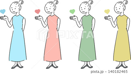 ハートマークと若い女性のシンプルイラストセット（好意・お気に入り・おすすめ・人物素材） 140182465