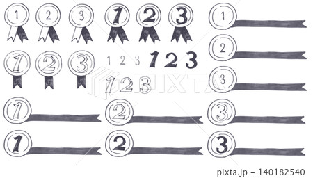 じんわりしたマーカーで描いたランキングセットメダルデザイン数字付きモノクロ じんわりしたマーカーで描いたランキングセットメダルデザイン数字付きモノクロ 140182540